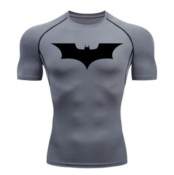 T-shirt de compression Batman manches courtes gris / logo noir - Gym Arc