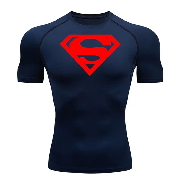 T-shirt de compression Superman manches courtes bleu marine / logo rouge - Gym Arc