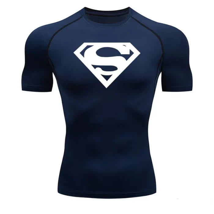 T-shirt de compression Superman manches courtes bleu marine / logo blanc - Gym Arc