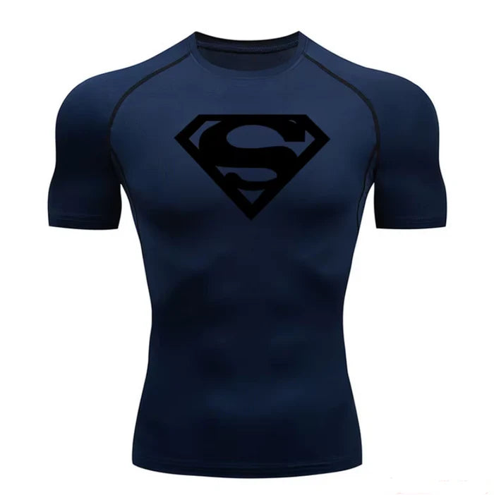 T-shirt de compression Superman manches courtes bleu marine / logo noir - Gym Arc