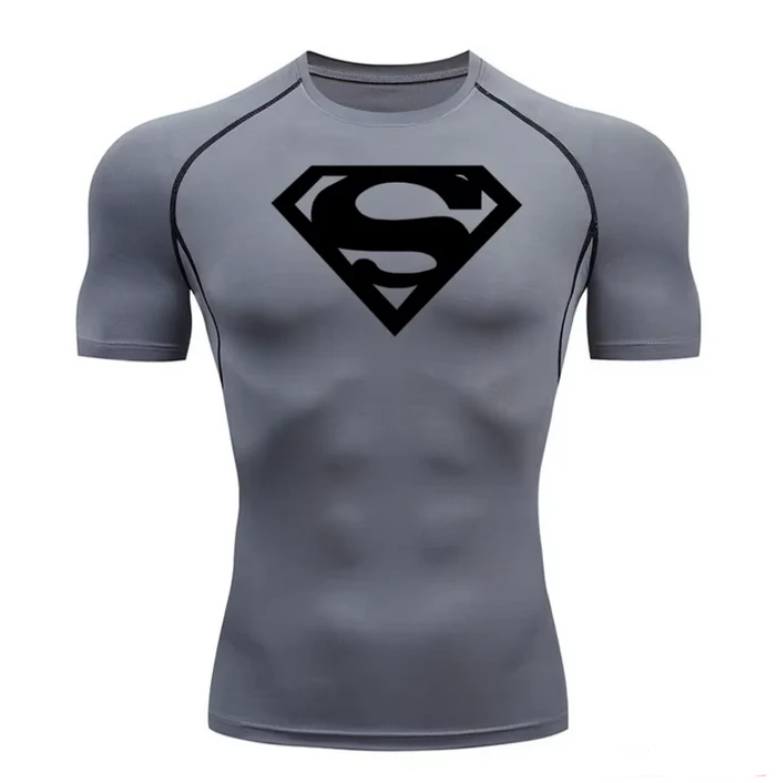 T-shirt de compression Superman manches courtes gris / logo noir - Gym Arc
