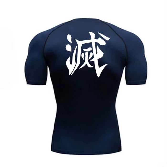 T-shirt de compression Demon Slayer manches courtes bleu marine / logo blanc - Gym Arc