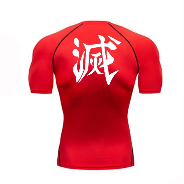T-shirt de compression Demon Slayer manches courtes rouge / logo blanc - Gym Arc