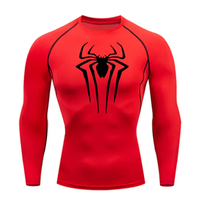 T-shirt de compression Spider manches longues rouge / logo noir - Gym Arc