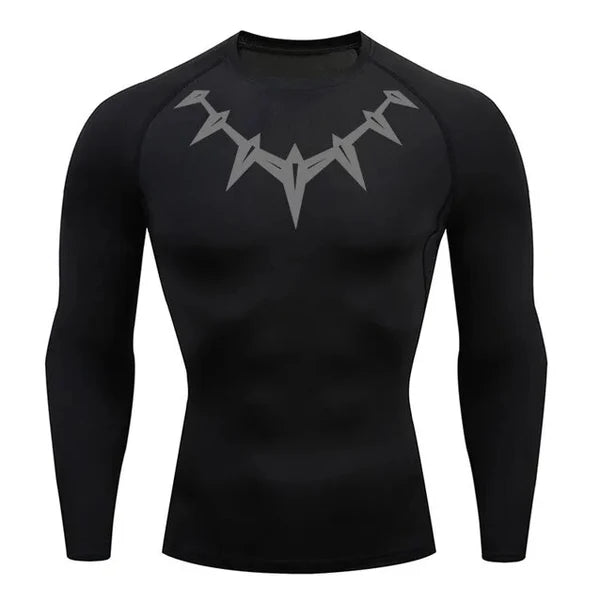 T-shirt de compression Black Panther manches longues noir / logo gris - Gym Arc