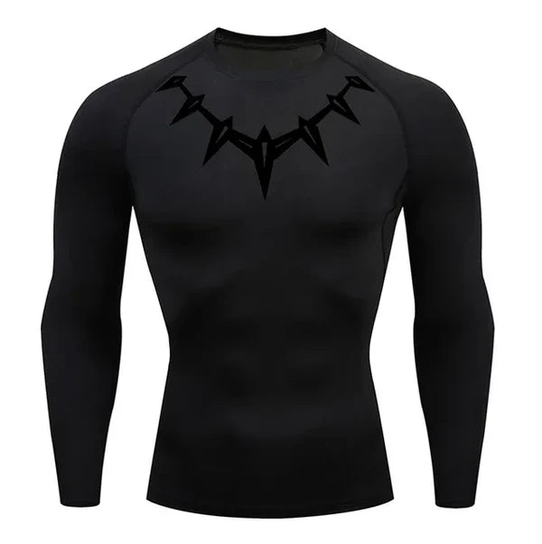 T-shirt de compression Black Panther manches longues noir / logo noir - Gym Arc