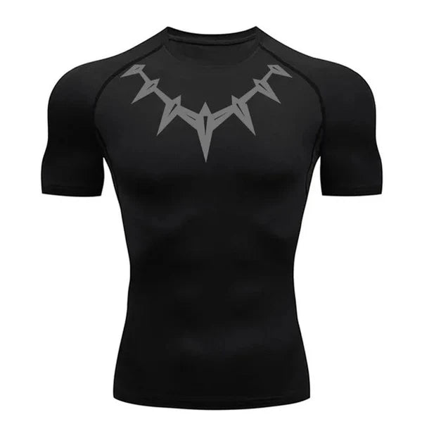 T-shirt de compression Black Panther manches courtes noir / logo gris - Gym Arc