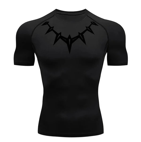 T-shirt de compression Black Panther manches courtes noir / logo noir - Gym Arc