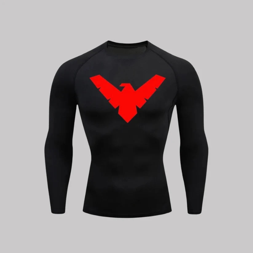 T-shirt de compression Nightwing manches longues noir / logo rouge - Gym Arc