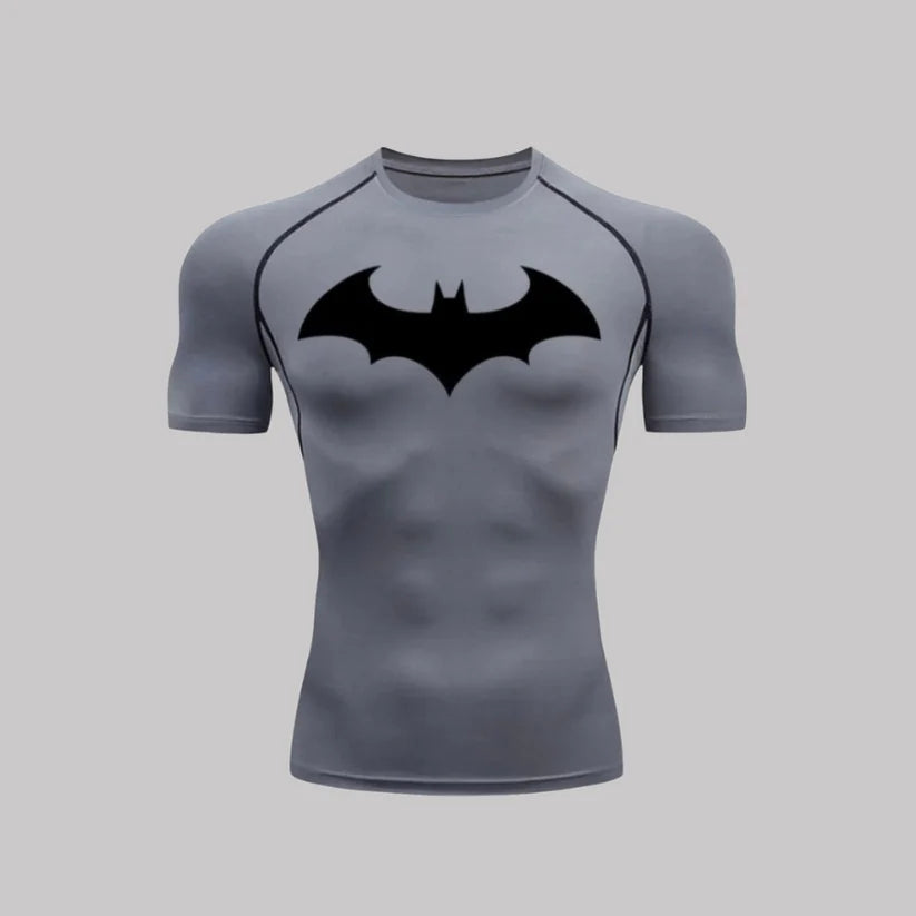 T-shirt de compression Batman Arkham manches courtes gris / logo noir - Gym Arc