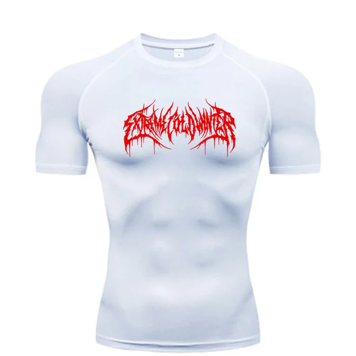 T-shirt de compression Extreme manches courtes blanc / logo rouge - Gym Arc