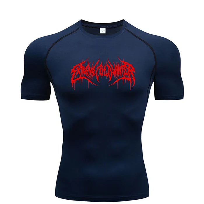 T-shirt de compression Extreme manches courtes bleu marine / logo rouge - Gym Arc