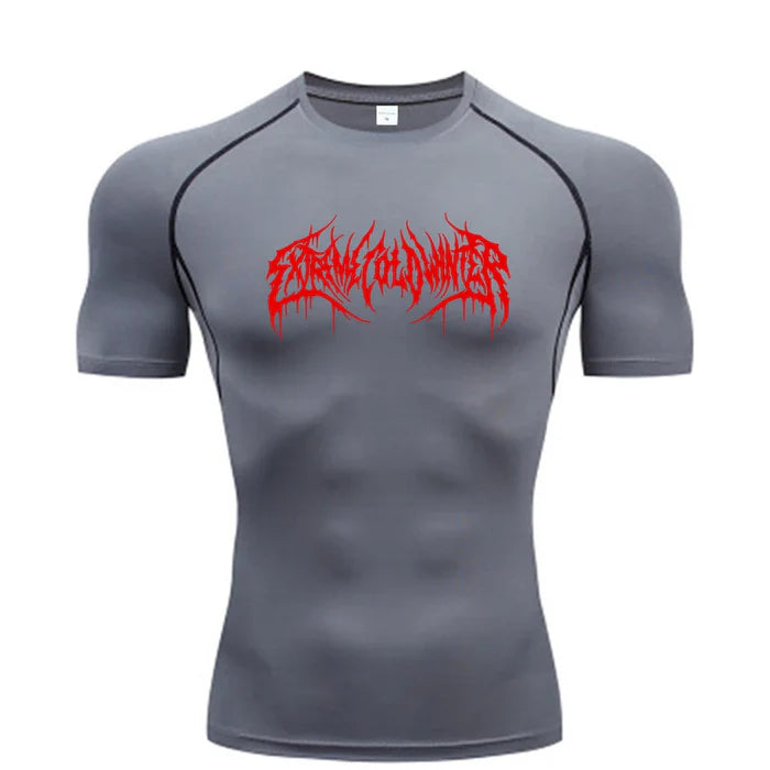 T-shirt de compression Extreme manches courtes gris / logo rouge - Gym Arc