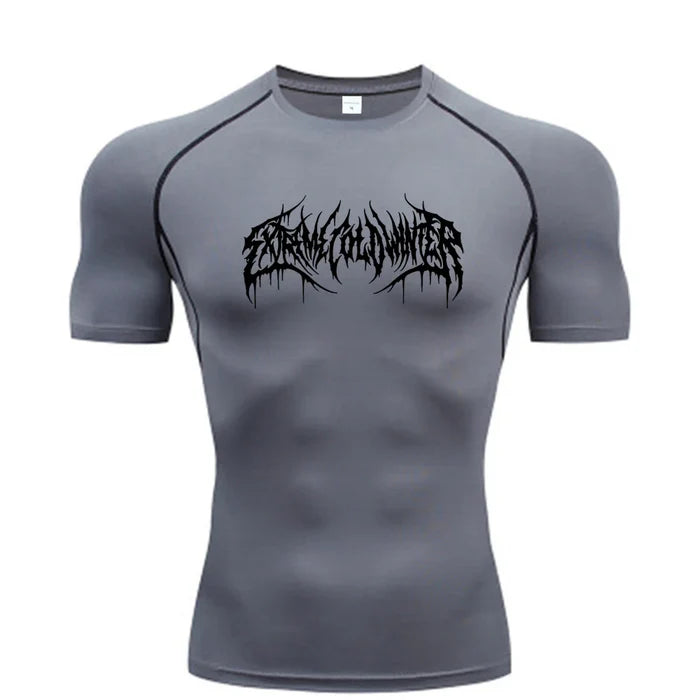 T-shirt de compression Extreme manches courtes gris / logo noir - Gym Arc