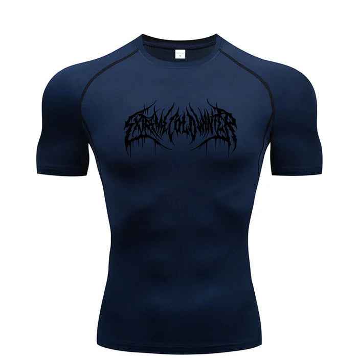 T-shirt de compression Extreme manches courtes bleu marine / logo blanc - Gym Arc