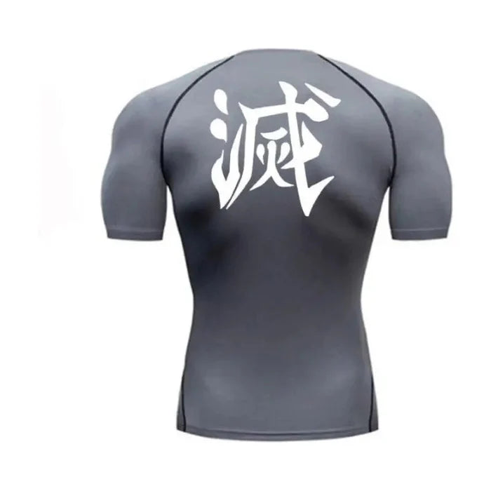T-shirt de compression Demon Slayer manches courtes gris / logo blanc - Gym Arc