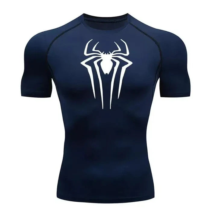 T-shirt de compression Spider manches courtes bleu marine / logo blanc - Gym Arc