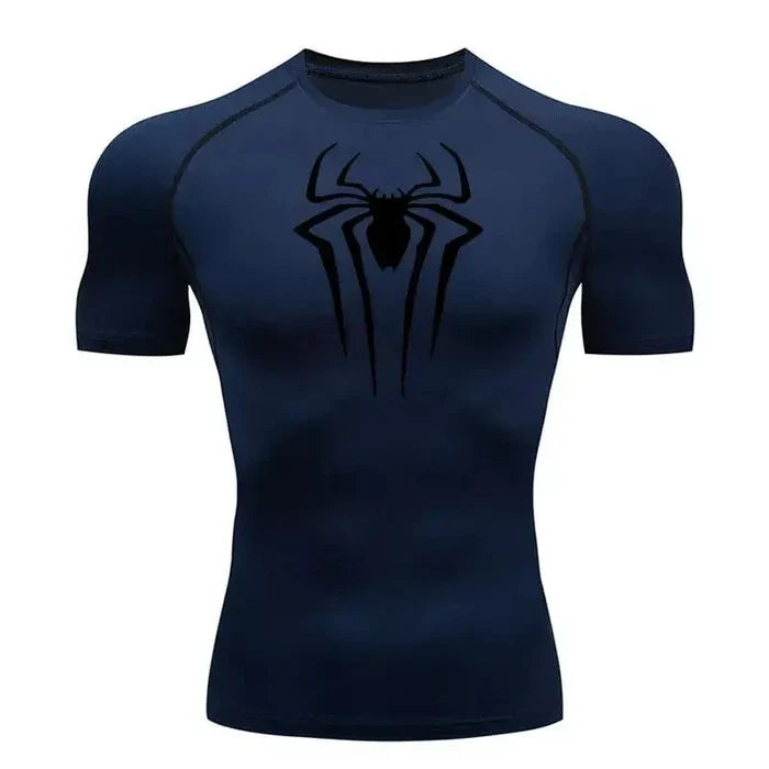 T-shirt de compression Spider manches courtes bleu marine / logo noir - Gym Arc