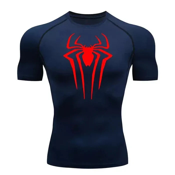 T-shirt de compression Spider manches courtes bleu marine / logo rouge - Gym Arc