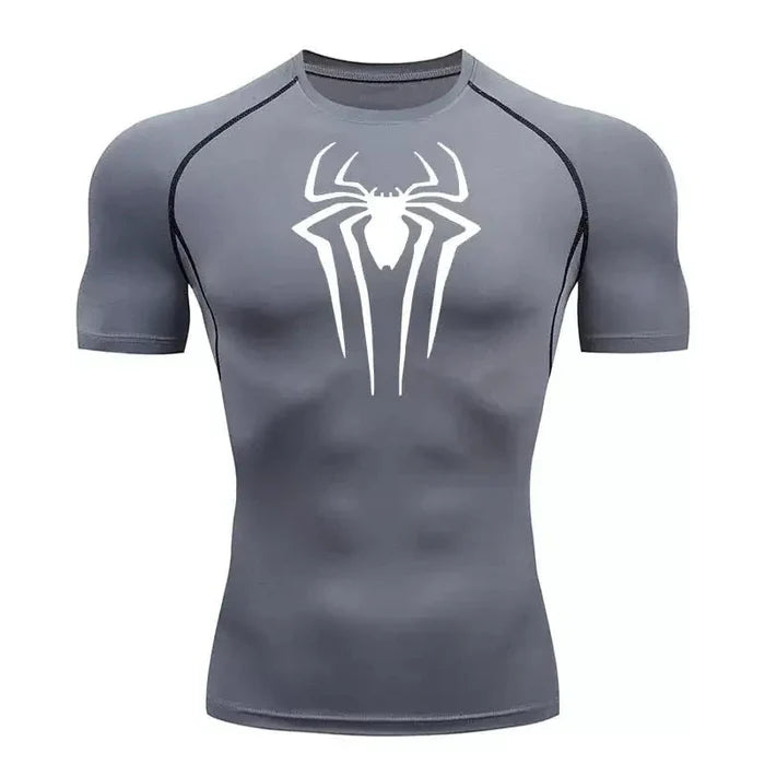 T-shirt de compression Spider manches courtes gris / logo blanc - Gym Arc