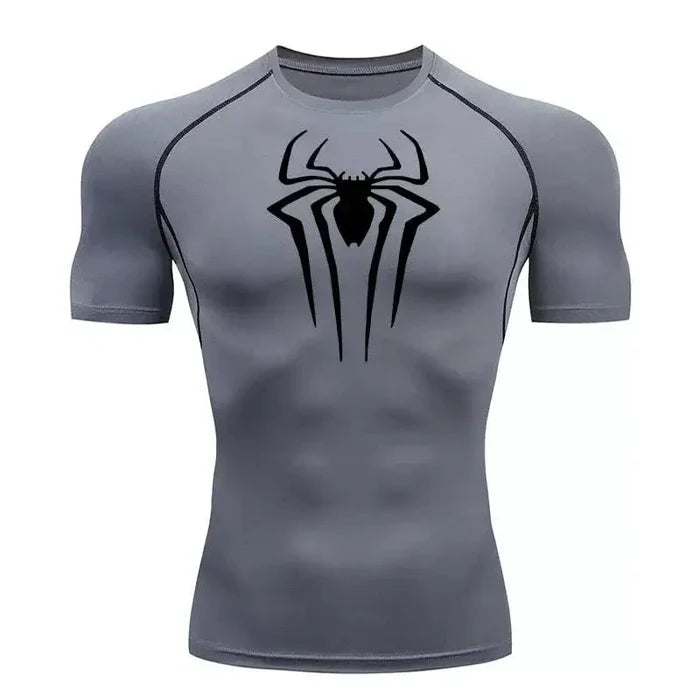 T-shirt de compression Spider manches courtes gris / logo noir - Gym Arc