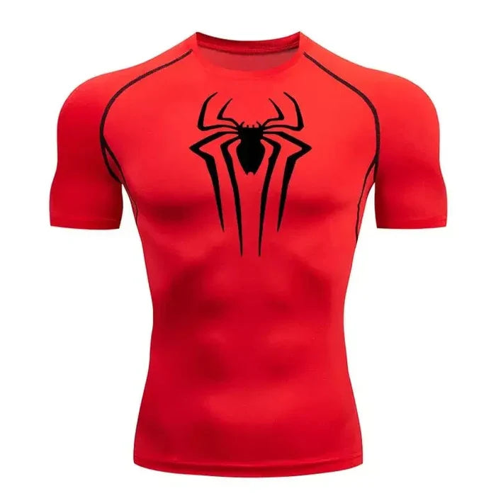 T-shirt de compression Spider manches courtes rouge / logo noir - Gym Arc