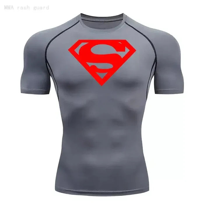 T-shirt de compression Superman manches courtes gris / logo rouge - Gym Arc